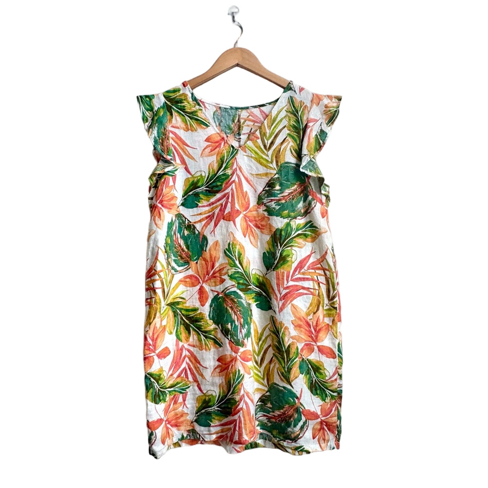Vibrant Colorful Leaf Print 100% Linen Sun Dress Summer Dress Natural Fibers S
